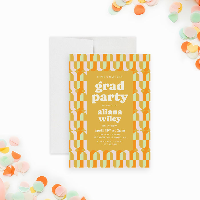 Retro geometric graduation party invitation featuring a colorful geometric pattern design-front