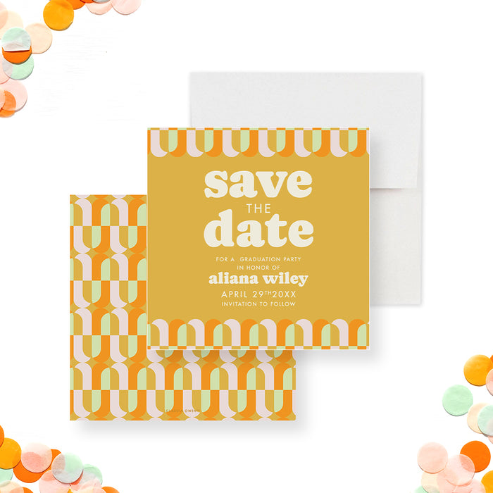 Retro graduation save the date card with colorful geometric pattern design-front-back