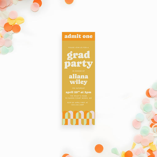 Retro admit one graduation party ticket invitation colorful geometric pattern