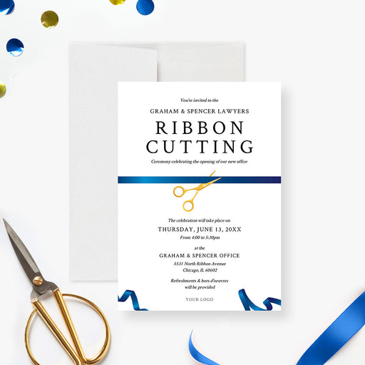 Invitation card for ribbon cutting ceremony with scissors and blue ribbon on a white background