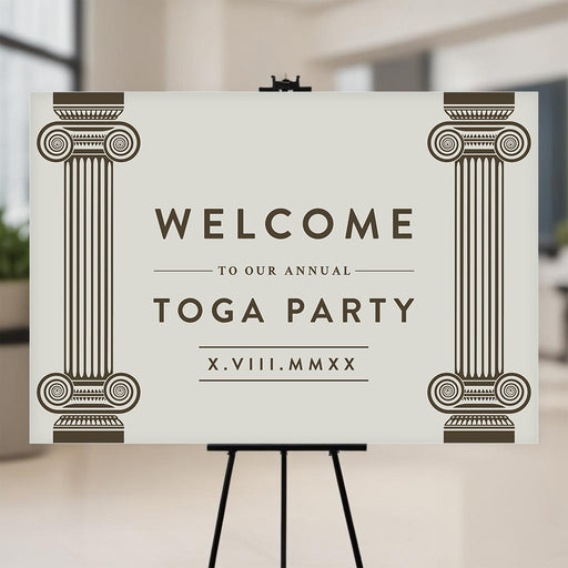 Elegant toga party welcome sign with Roman Ionic columns, personalized with event title and date for Greek or Roman-themed celebrations.