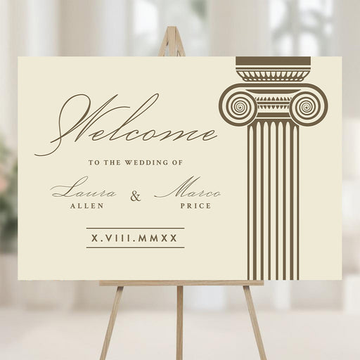 Roman wedding welcome sign featuring an Ionic column design and elegant script