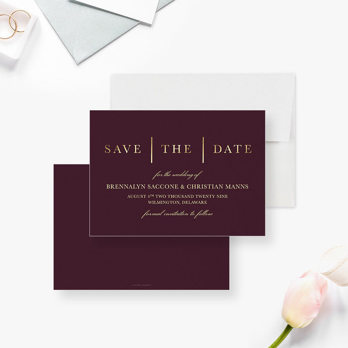 Burgundy and gold save the date wedding card with elegant lettering-front-back