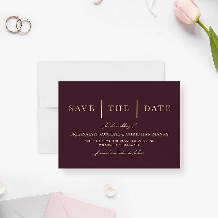 Burgundy and gold save the date wedding card with elegant lettering-front