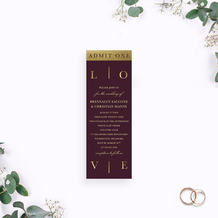 Personalized burgundy and gold romantic wedding ticket invitation, elegant admit one style printed invite