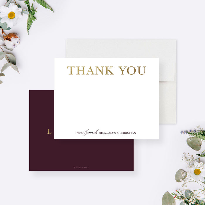 Personalized romantic thank you card with elegant typography, a newlywed gift after the wedding celebration-front-back