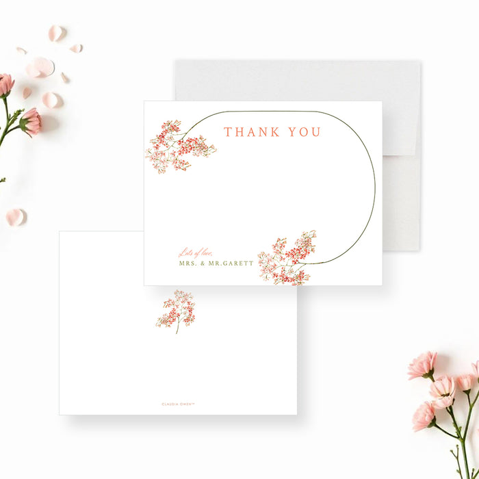 Personalized floral thank you card featuring blush and coral flowers, botanical frame, custom name, and message, ideal for weddings and events.-front-back