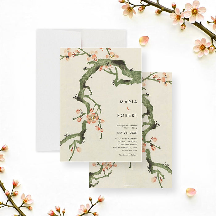 Cherry blossom wedding invitation featuring floral illustration, customizable with your event details.-front-back