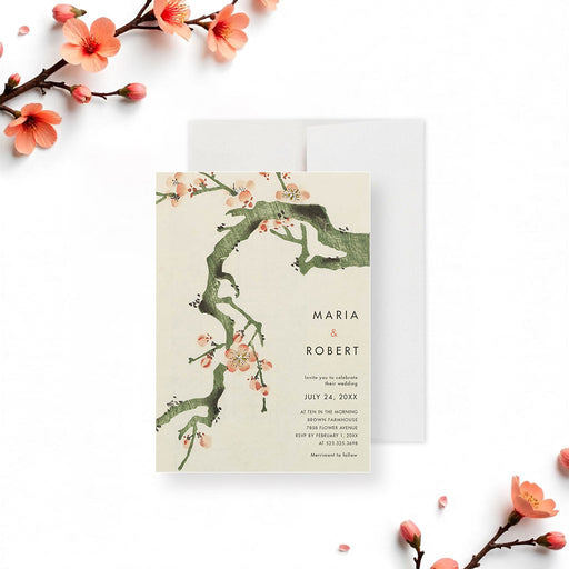 Cherry blossom wedding invitation featuring floral illustration, customizable with your event details.-front
