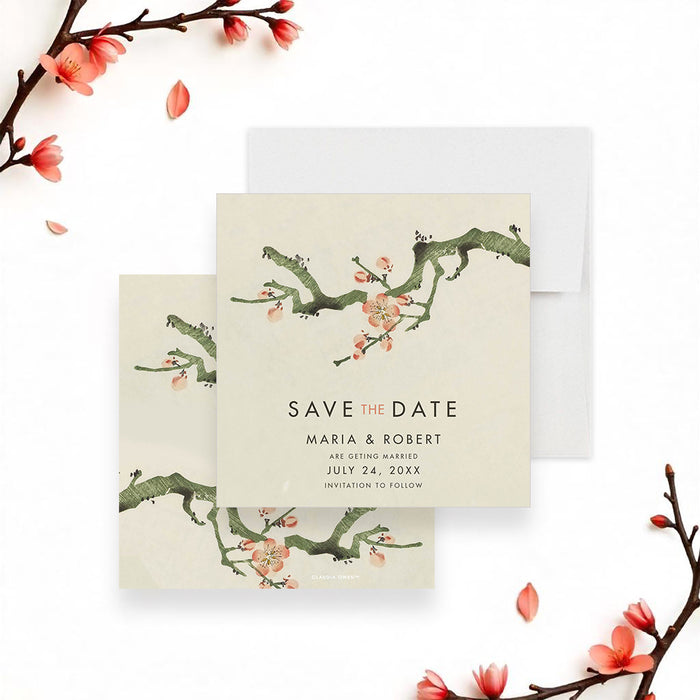 Cherry blossom save the date card featuring a floral branch design, customizable with the couple’s names and wedding date.-front-back