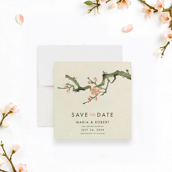 Cherry blossom save the date card featuring a floral branch design, customizable with the couple’s names and wedding date.-front