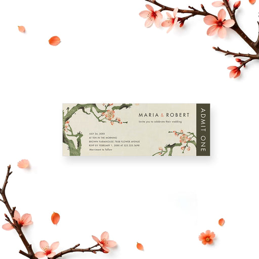 Cherry blossom wedding ticket invitation featuring floral design, customizable with event details.