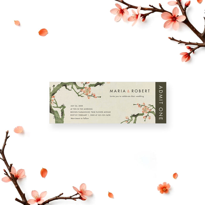 Cherry blossom wedding ticket invitation featuring floral design, customizable with event details.