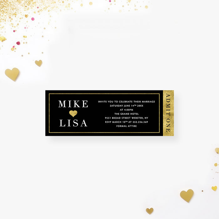 Romantic Wedding Ticket Invitation with Golden Heart Design, Wedding Bridal Shower Ticket Invites in Black and Gold