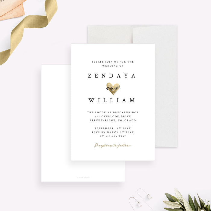 Romantic Wedding Invitation with Love Heart Design, Elegant and Simple Wedding Invites with Cute Gold Heart