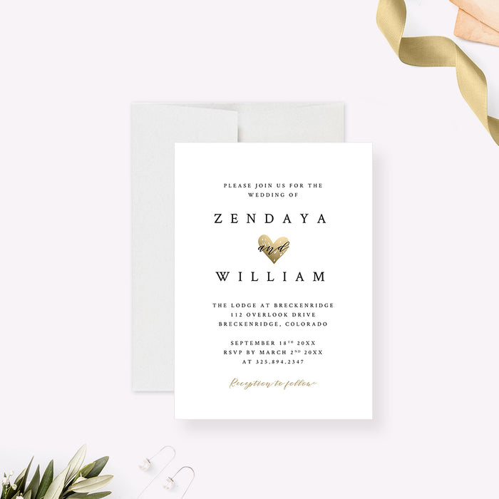 Romantic Wedding Invitation with Love Heart Design, Elegant and Simple Wedding Invites with Cute Gold Heart