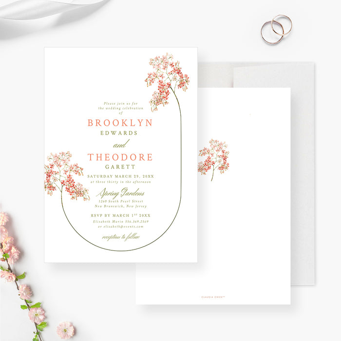 Custom floral wedding invitation featuring blush, coral, and pink flowers with a botanical curved frame, customizable for weddings, showers, and celebrations.-front-back