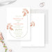 Custom floral wedding invitation featuring blush, coral, and pink flowers with a botanical curved frame, customizable for weddings, showers, and celebrations.-front-back