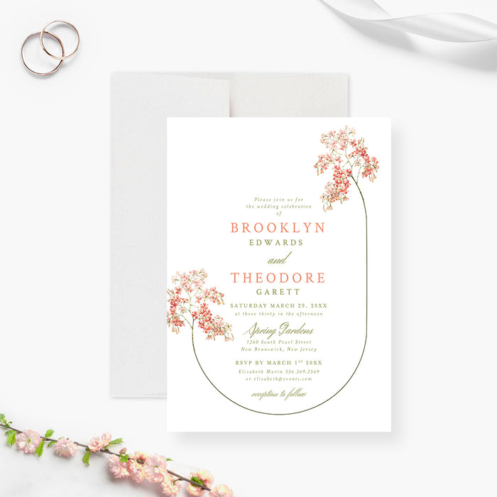 Custom floral wedding invitation featuring blush, coral, and pink flowers with a botanical curved frame, customizable for weddings, showers, and celebrations.-front