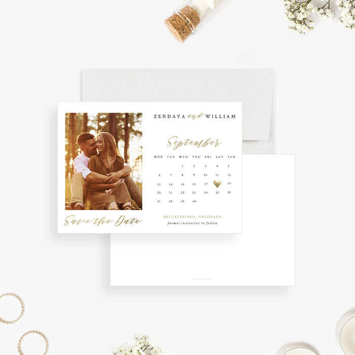 Romantic Wedding Save the Date Card featuring Calendar with Love Heart Design and Photo