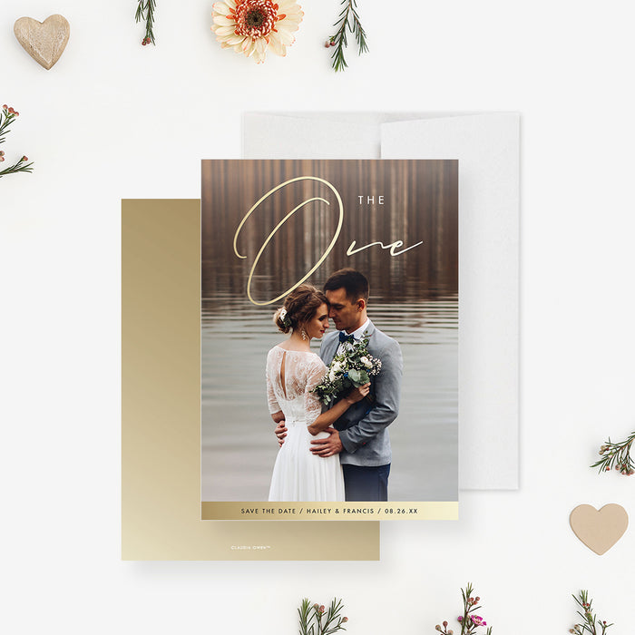 Save the date card featuring a romantic couple image with “The One” design, serving as a photo wedding date reminder for an upcoming celebration.-front-back