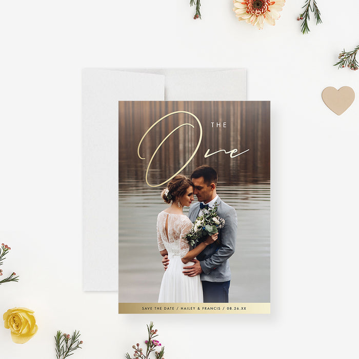 Save the date card featuring a romantic couple image with “The One” design, serving as a photo wedding date reminder for an upcoming celebration.-front