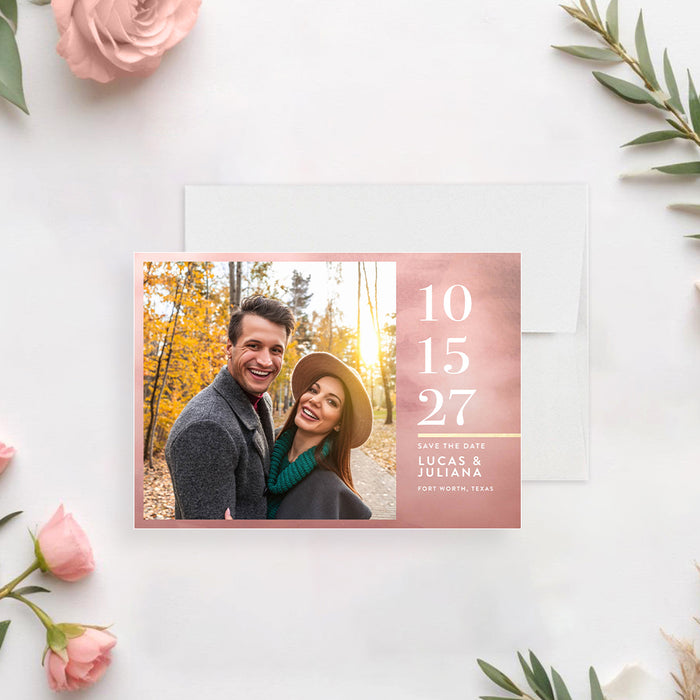 Modern fall wedding photo save the date card with blush and gold design