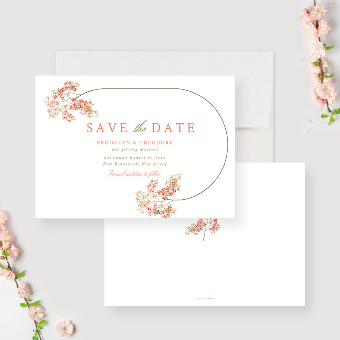 Custom floral save the date card with blush and coral blossoms and botanical frame for weddings, showers, or spring celebrations. -front-back