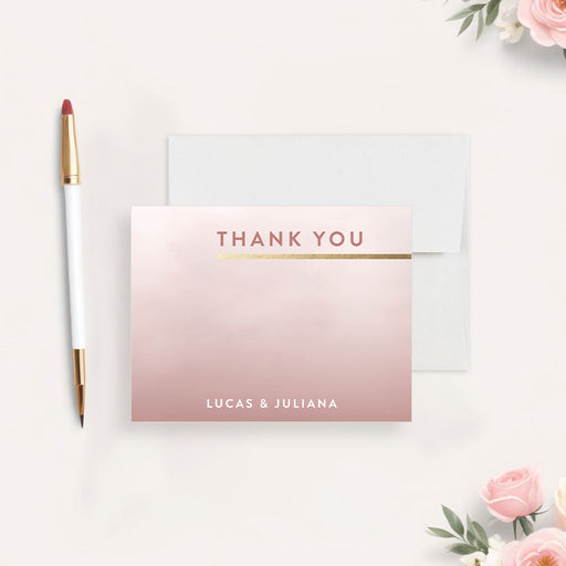 Blush pink note card with customized names, personalized wedding thank you stationery for couples-front