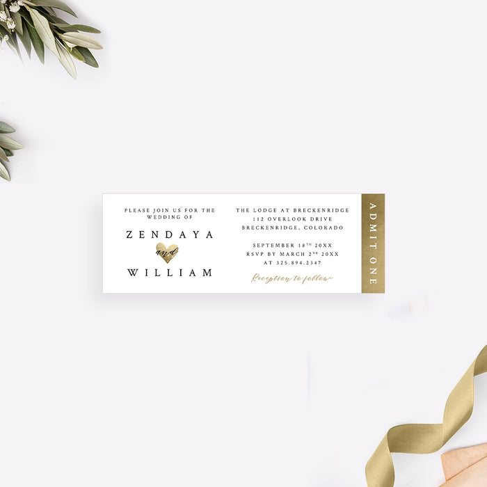 Romantic Wedding Ticket Invitation with Golden Heart Design, Chic and Timeless Wedding Ticket Invitation with Gold Heart