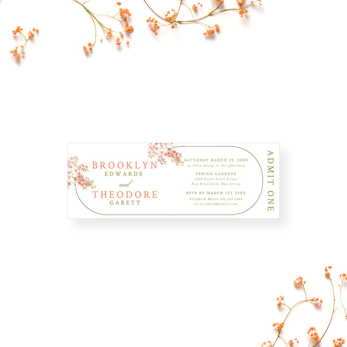 Elegant floral wedding invitation featuring blush and coral flowers with personalized event details in a romantic botanical style. Perfect for garden weddings and spring celebrations.
