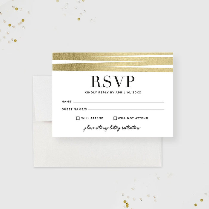 RSVP card with gold stripe on a white background
