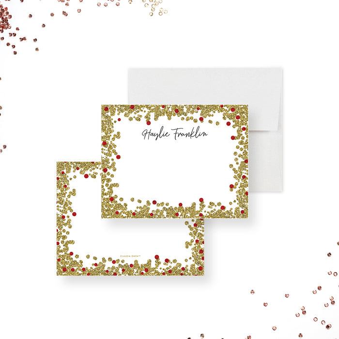 Personalized thank you note card with red ruby accents and gold faux glitter border for a 40th wedding anniversary celebration-front-back