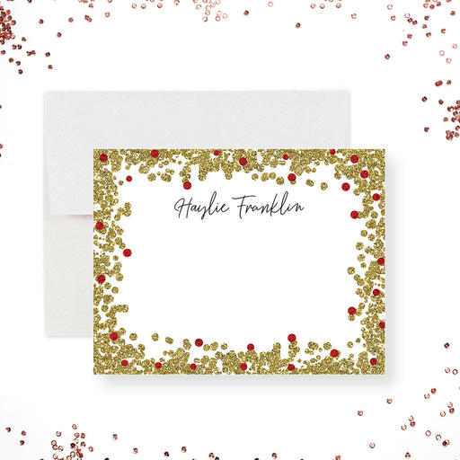 Personalized thank you note card with red ruby accents and gold faux glitter border for a 40th wedding anniversary celebration-front