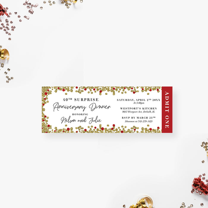 40th wedding anniversary ticket invitation with ruby red accents and gold faux glitter border for a surprise dinner celebration.