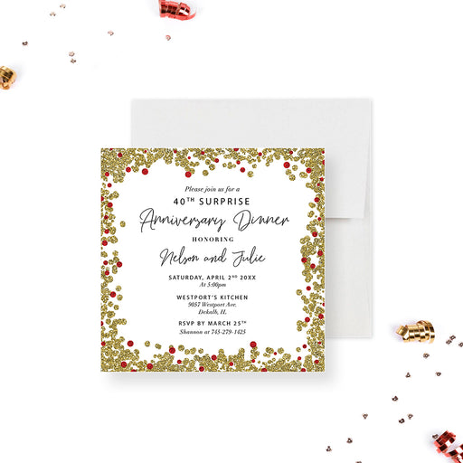 Ruby 40th wedding anniversary invitation with faux red and gold glitter
