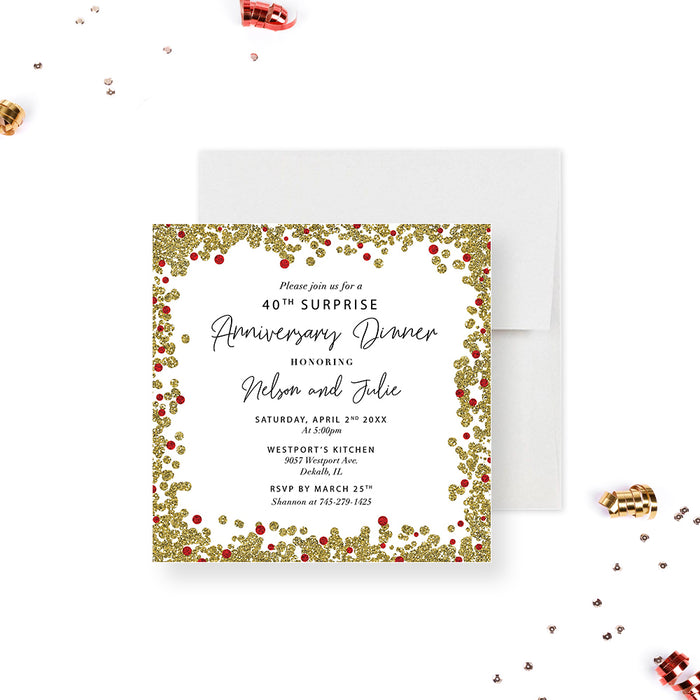 Ruby 40th wedding anniversary invitation with faux red and gold glitter