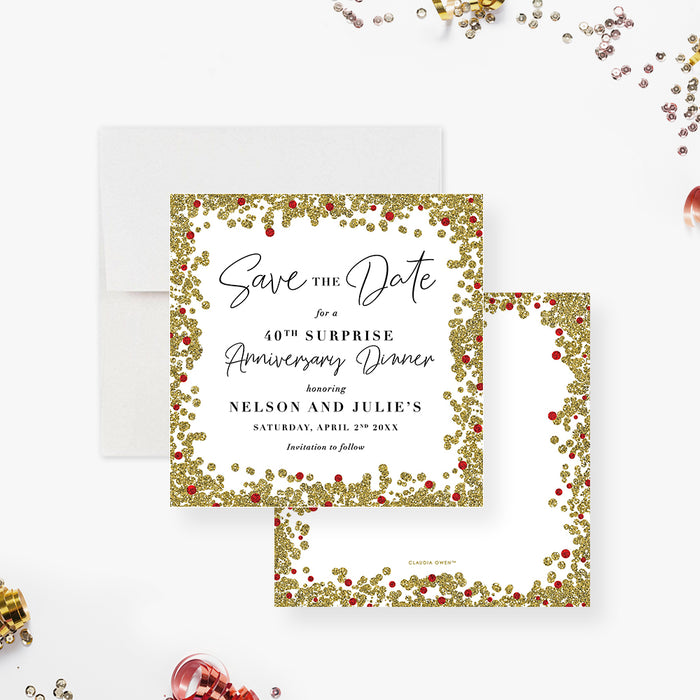 40th wedding anniversary save the date card with red ruby accents, gold faux glitter border, and elegant script for a surprise anniversary dinner-front-back