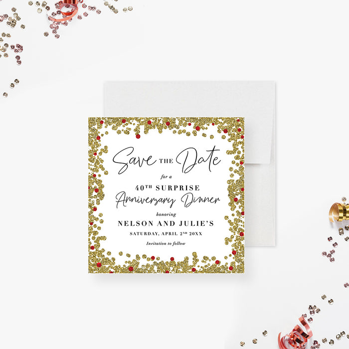 40th wedding anniversary save the date card with red ruby accents, gold faux glitter border, and elegant script for a surprise anniversary dinner-front