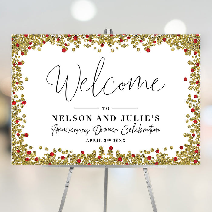 40th wedding anniversary welcome sign with red ruby accents, gold faux glitter border, and elegant lettering displayed on an easel.