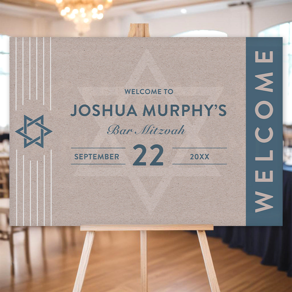 Brown and Blue Bar Mitzvah Welcome Sign Featuring Star of David Icon,