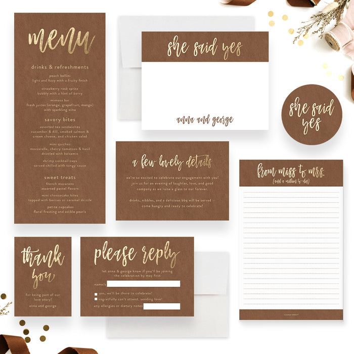 She Said Yes Engagement Invitation Rustic Brown Party Invite