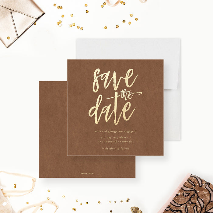 Rustic brown and gold save the date card with elegant script for engagement or wedding celebration-front-back