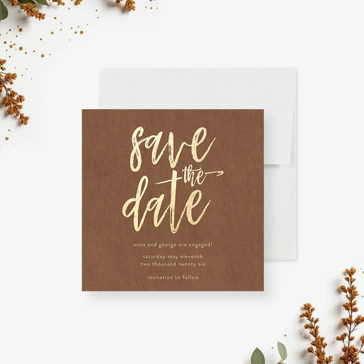 Rustic brown and gold save the date card with elegant script for engagement or wedding celebration-front