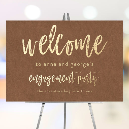 Rustic brown and gold engagement welcome sign for party entrance, guest greeting, and event photo backdrop