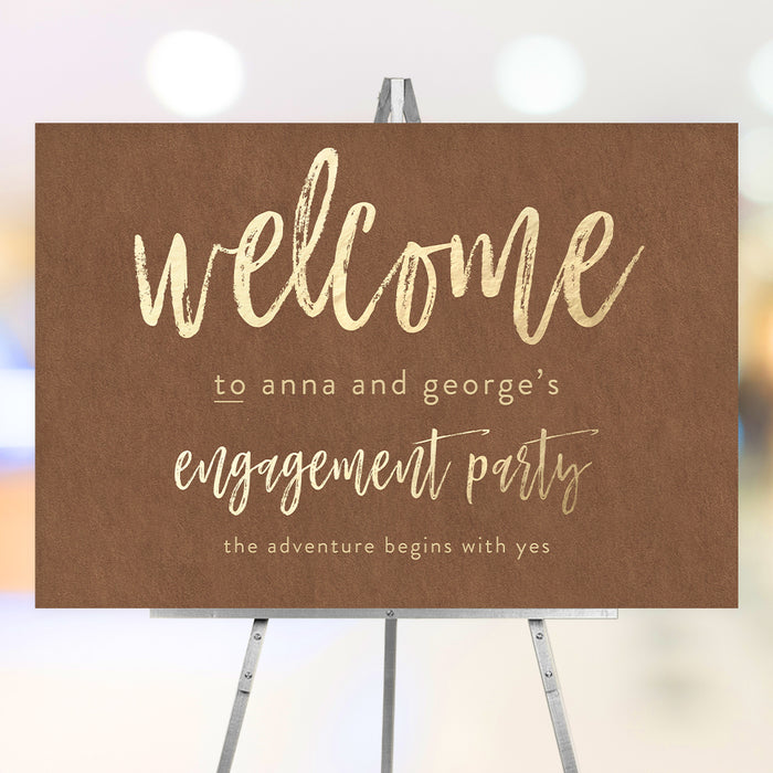 Rustic brown and gold engagement welcome sign for party entrance, guest greeting, and event photo backdrop