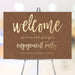 Rustic brown and gold engagement welcome sign for party entrance, guest greeting, and event photo backdrop
