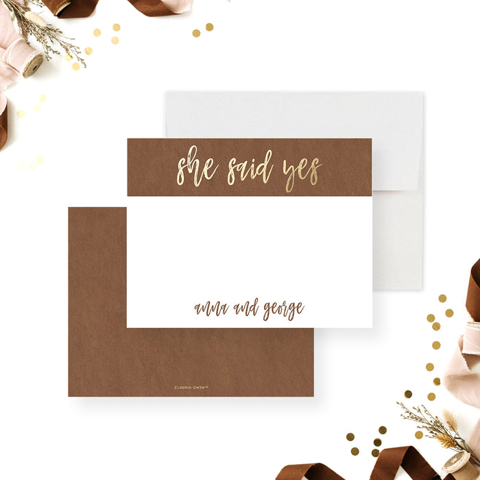 She said yes to a note card with a brown and gold design for engagement thank you notes and wedding stationery-front-back