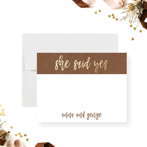 She said yes to a note card with a brown and gold design for engagement thank you notes and wedding stationery-front