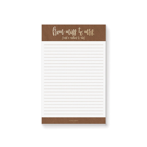 Bride to be notepad with rustic brown design and “from miss to mrs” text for wedding planning and notes